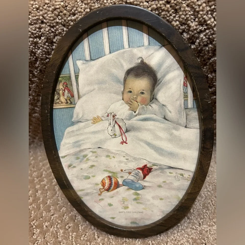 ANTIQUE FRAMED OVAL WALL ART BESSIE PEASE GUTMANN BABY’S FIRST CHRISTMAS SWEET!